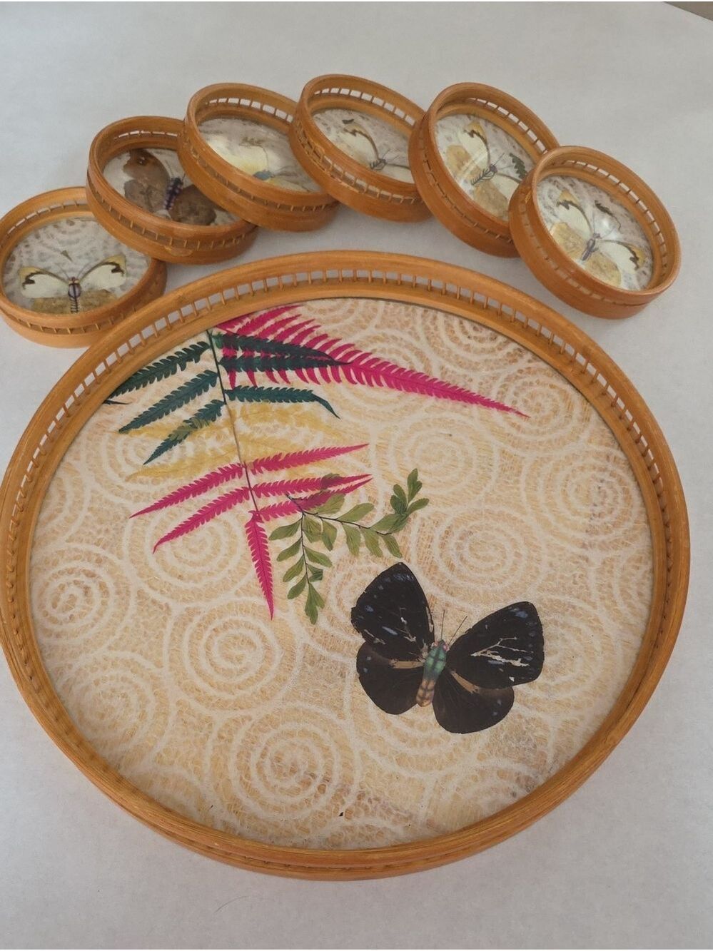 Vintage 1970s Bamboo Butterfly Fern Serving Tray and Coaster Set (Set of 6)